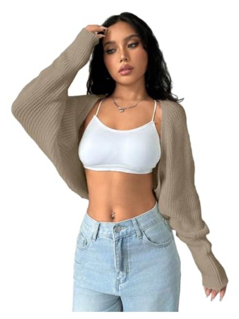 Women's Knitted Batwing Sleeve Cropped Cardigan Shrug Open Front Long Sleeve